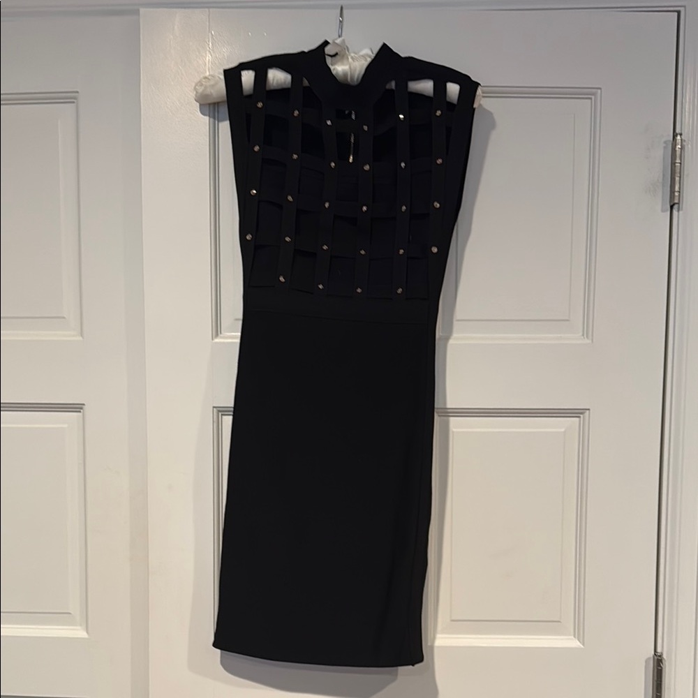 Bebe Black Embellished Sheath Midi Dress